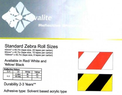 Kiwalite Zebra Tape - เทปสะท้อนแสง ขาวสลับแดง และ เหลืองสลับดำ มีขนาดกว้าง 45มม, 90มม และ 150มม  ความยาว 10ม